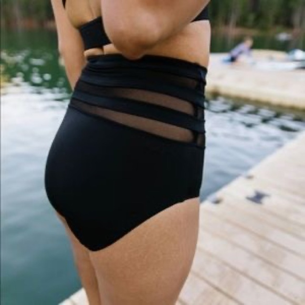 Kiava High Rise Black Mesh Swim Bikini Bottoms Large